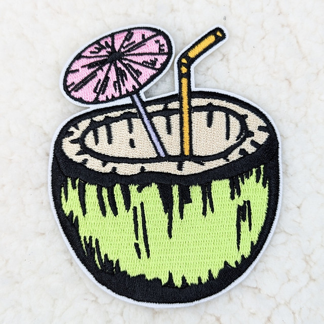 Coconut Drink Embroidered Hat/Pocket Patch, colorful embroidered patch depicting a coconut drink with a straw and umbrella.