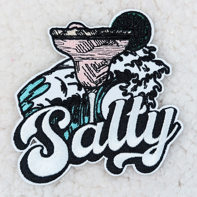 Salty Embroidered HAT/POCKET Patch, embroidered patch featuring a margarita glass with salty rim and lime, and the word 'Salty' in bold cursive script.