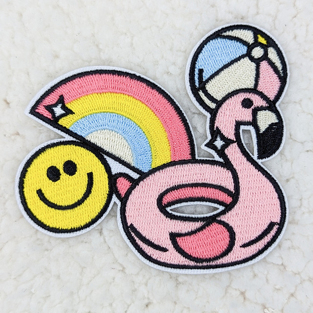 Summer Fun Embroidered HAT/POCKET Patch, colorful embroidered patch featuring a pink flamingo, a smiling sun, a rainbow, and a beach umbrella, perfect for summer accessories and clothing decoration.