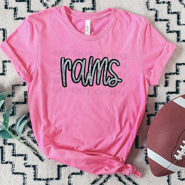 Rams Faux Sequin Patch DTF Heat Transfer, pink t-shirt with glittery Rams logo design.