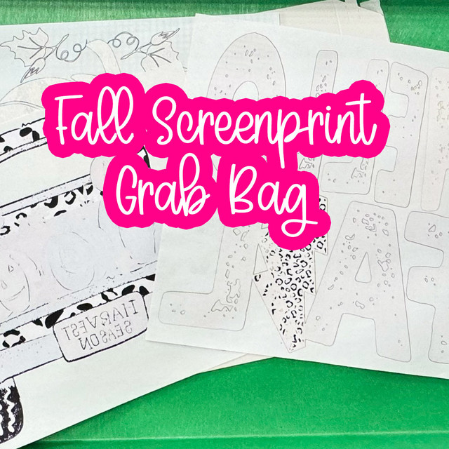 Fall Screenprint Grab Bag, collection of Halloween-themed screen printing transfer sheets with fall and Halloween designs on white paper.