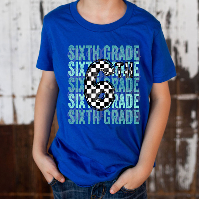 Sixth Grade Checker DTF Heat Transfer, graphic design with the number 6 and the words Sixth Grade repeatedly in the background.