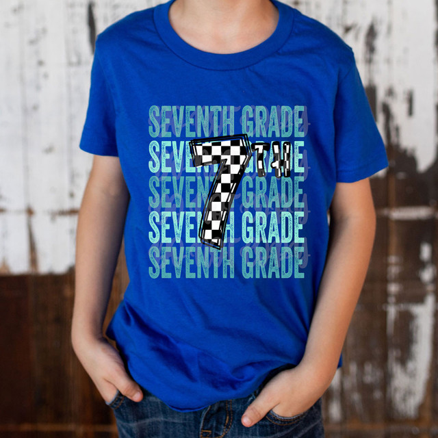 Seventh Grade Checker DTF Heat Transfer, a digital design featuring the number 7 with a black and white checkered pattern on a blue T-shirt.