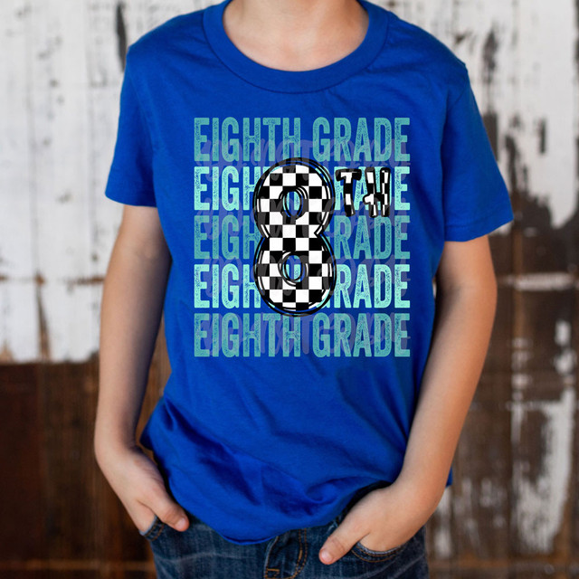 Eighth Grade Checker DTF Heat Transfer, blue T-shirt with eighth grade theme design featuring a large number 8 with checker pattern and the words EIGHTH GRADE repeatedly in background.