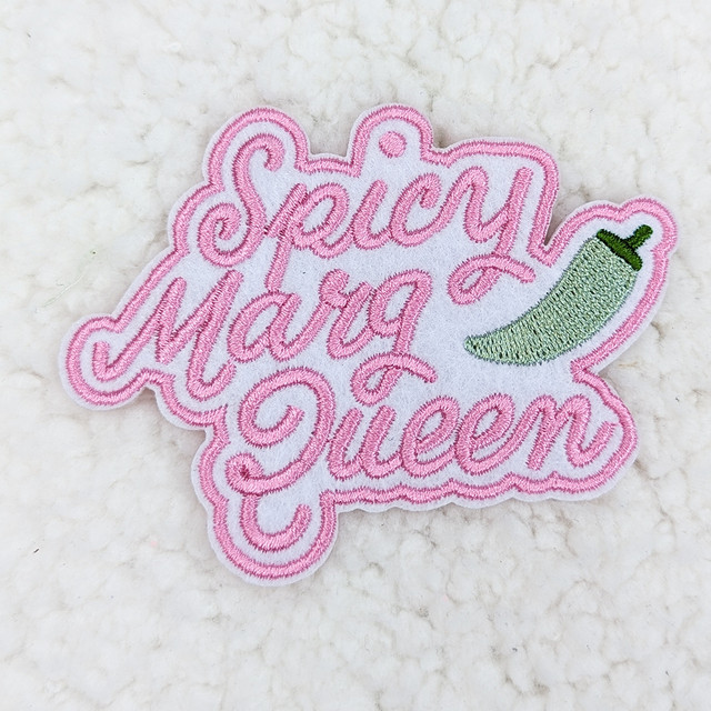 Spicy Marg Queen Embroidered Glitter HAT/POCKET Patch, pink and green embroidered patch featuring the text 'Spicy Marg Queen' with a chili pepper design.