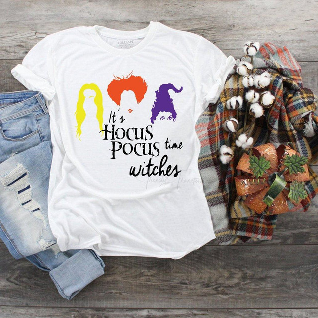 It's Hocus Pocus time witches Sanderson Sisters Sublimation Transfer, graphic t-shirt featuring silhouettes of the Sanderson Sisters from Hocus Pocus with colorful hair and the phrase 'It's Hocus Pocus time witches' for Halloween costumes or themed events.