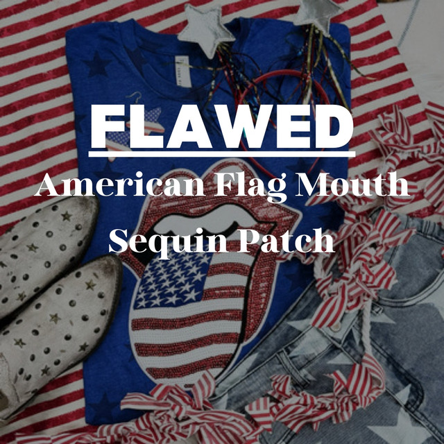Flawed American Flag Mouth Sequin Patch, distressed patch with American flag design and mouth shape detailing, on a blue T-shirt with patriotic accessories.