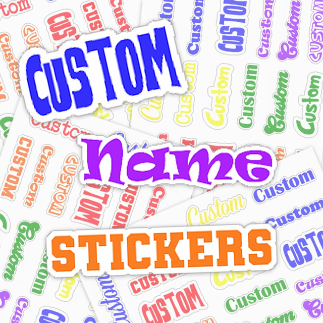 Back To School Custom Names Vinyl Sticker Sheet, colorful stickers with customizable text in various fonts and colors.