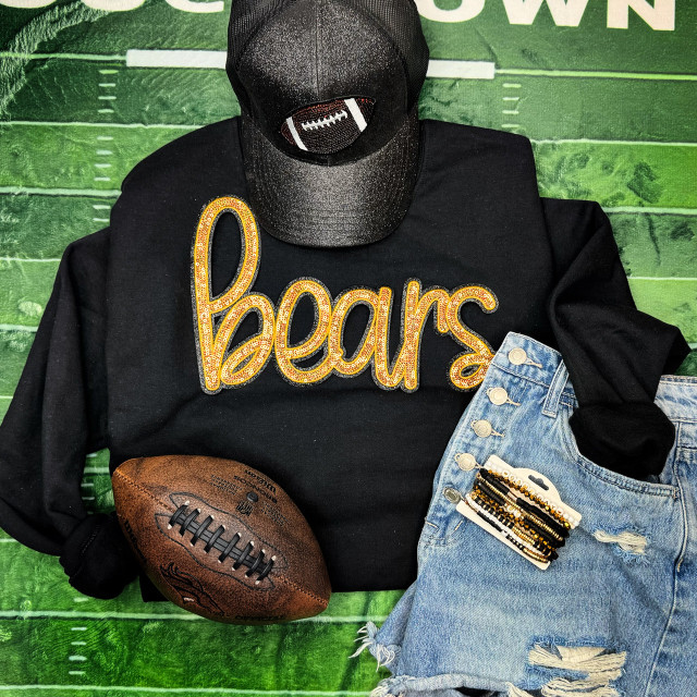 Bears Gold Sequin Patch, black baseball cap with a football patch and a black sweatshirt with 'bears' written in gold sequins.