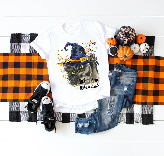 Kitten What's up witches Halloween Sublimation Transfer, a t-shirt with a witch-themed kitten design surrounded by pumpkins and Halloween decorations.