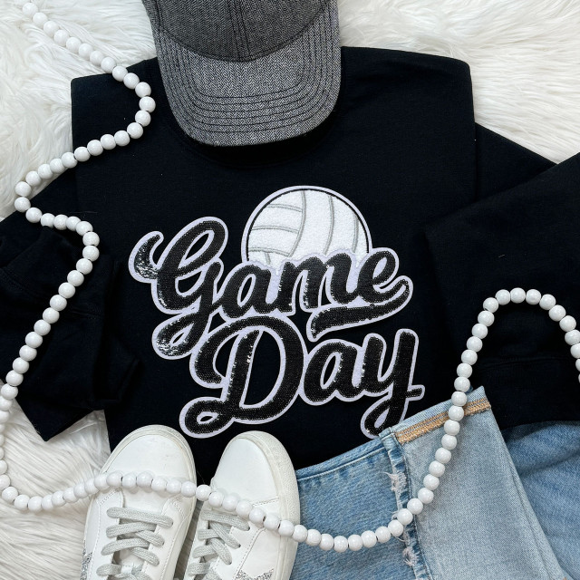 Black Sequin Volleyball Game Day Patch, black sweatshirt with a volleyball and script text 'Game Day' in sequins