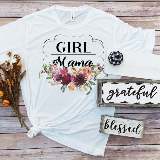 Girl Mama Floral Frame Sublimation Transfer, a white T-shirt with a colorful floral design and the text Girl Mama, perfect for mothers' apparel and personalized gifts.
