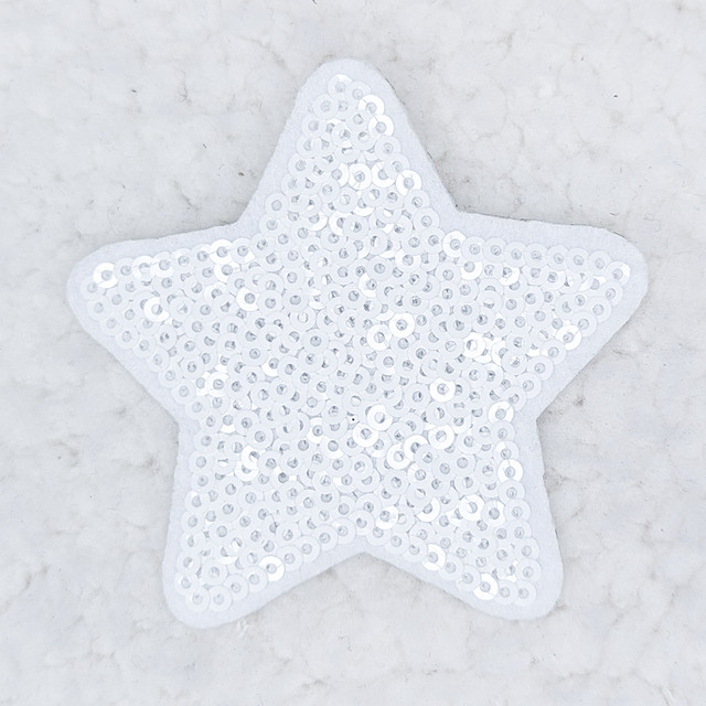 WHITE sequin STAR HAT/POCKET Patch, white star-shaped patch decorated with shiny white sequins.