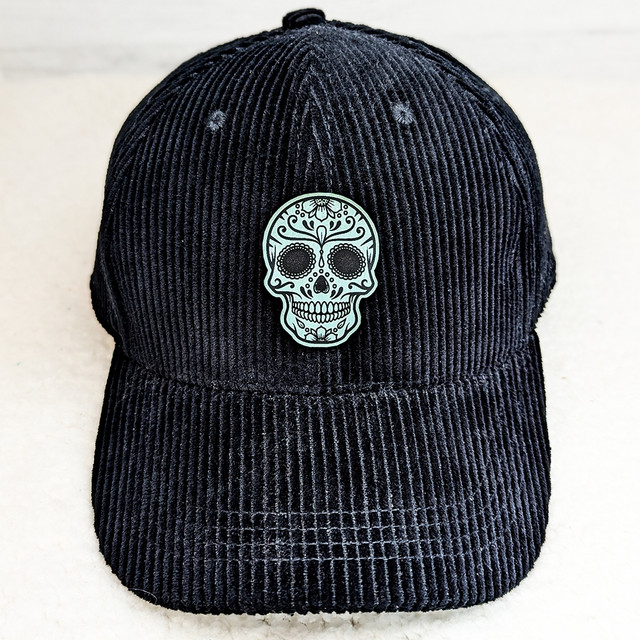 Sugar Skull FAUX Leather Patch, decorative black patch featuring a detailed sugar skull design for clothing or accessories