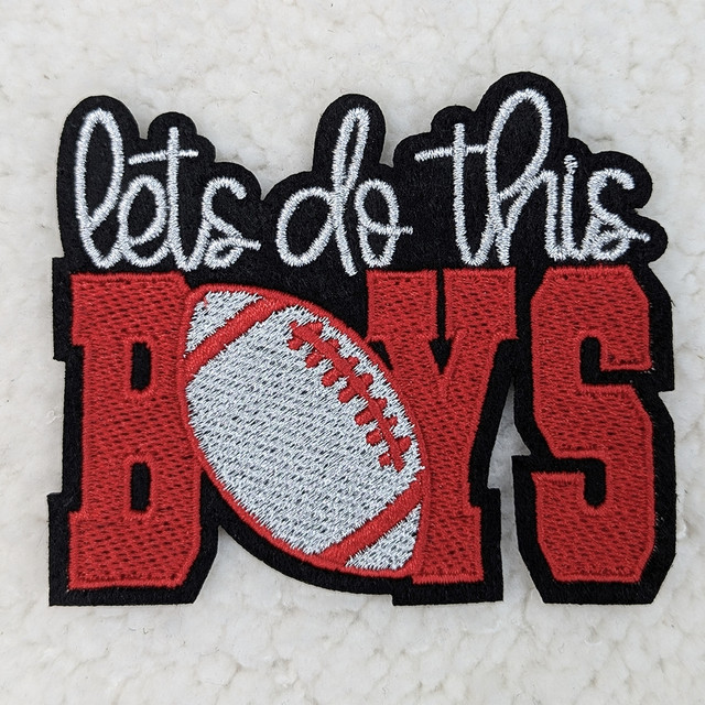 Let's Do This Boys RED Embroidered HAT/POCKET Patch, embroidered patch featuring the text 'let's do this boys' with a football design, suitable for hats and clothing.