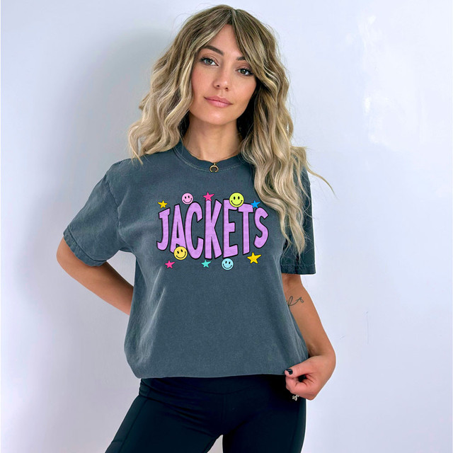 Jackets Happy Face DTF Heat Transfer, colorful smiling face and star design on a women's grey T-shirt.