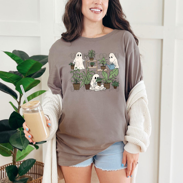 Plant Ghosts DTF Heat Transfer, illustration of adorable ghost characters caring for various houseplants.