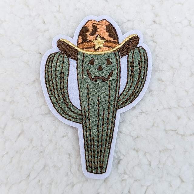 Cowboy Cactus Embroidered HAT/POCKET Patch, embroidered patch featuring a cactus with a cowboy hat and smiley face design.