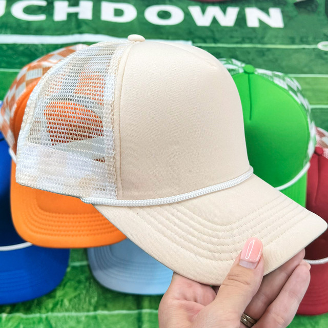 Beige & White Checkered Foam Trucker Hat, baseball cap with checkered pattern and mesh back, stylish headwear accessory.