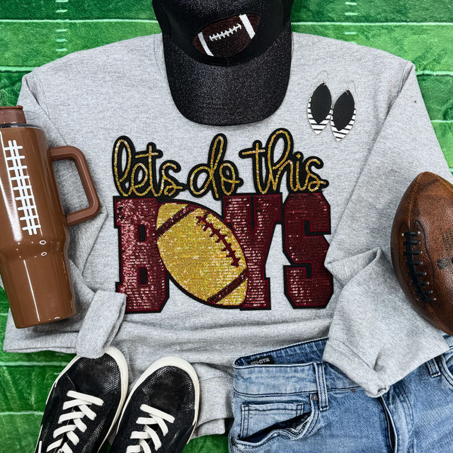 Let's Do This Boys Maroon/Gold Sequins Patch, a playful patch with a football design, featuring maroon and gold sequins, ideal for sports apparel.