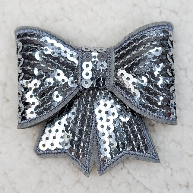 ALL Antique Silver Sequin Bow Hat/Pocket Patch, decorative silver sequin bow patch with intricate design for clothing or accessories.