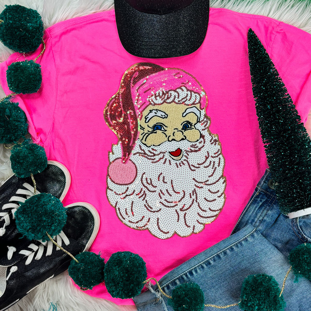 Sequins NEON PINK Santa Patch, vibrant neon pink sequin Santa Claus applique on a pink t-shirt.