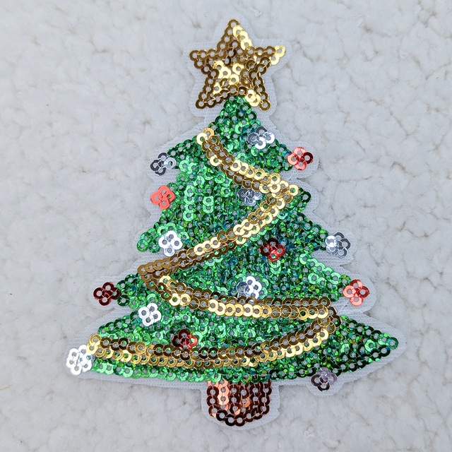 Christmas Tree Sequin HAT/POCKET Patch, a decorative patch featuring a green Christmas tree adorned with colorful sequins, gold sequin garland, and a gold star on top.