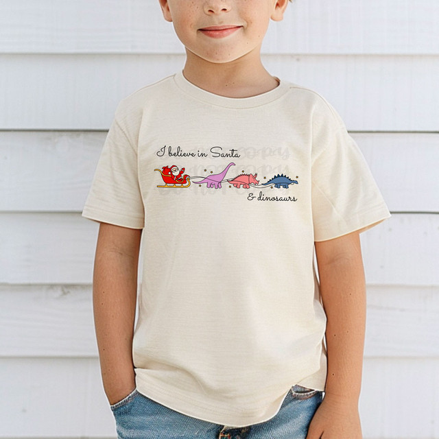 I Believe In Santa & Dinosaurs DTF Heat Transfer, a children's t-shirt featuring a colorful graphic of Santa in a sleigh and dinosaurs with the text 'I believe in Santa & Dinosaurs'.