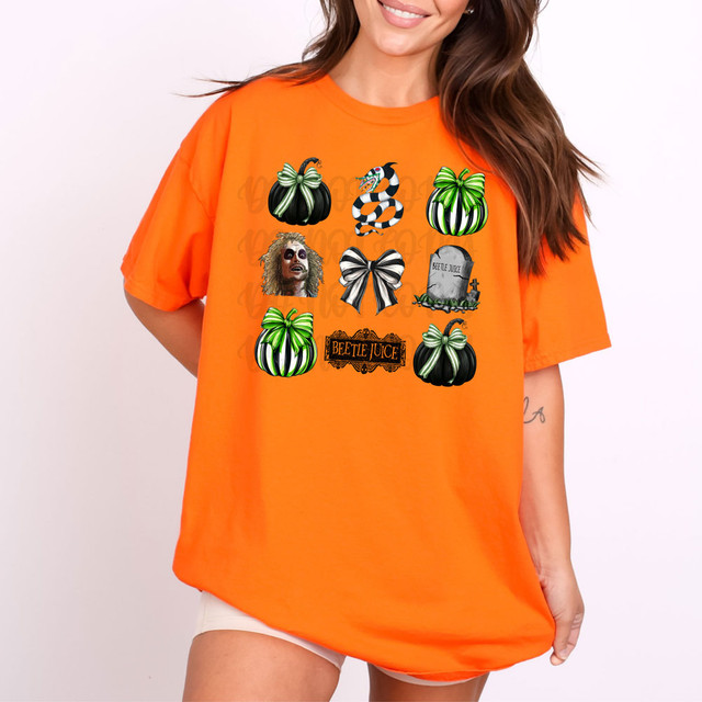 Beetle Coquette Pumpkins DTF Heat Transfer, a colorful Halloween-themed design on an orange T-shirt, featuring pumpkins, a snake, a zombie, and a gravestone with the text 'Beetle Juice'.
