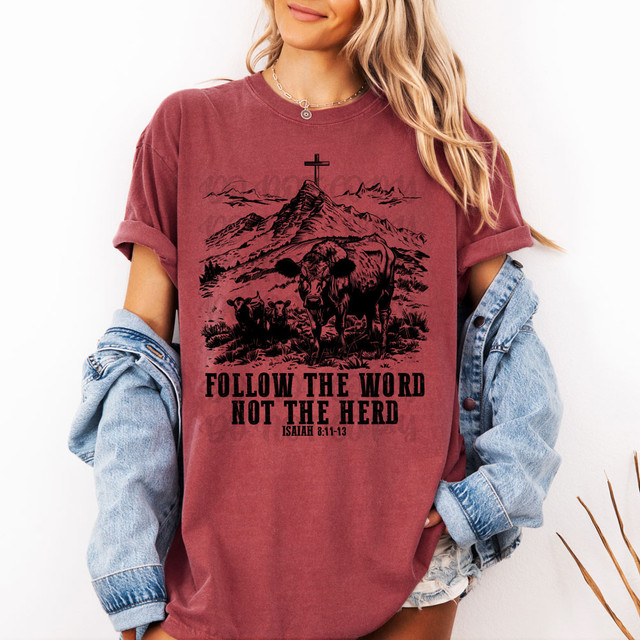 Follow The Word Not The Herd DTF Heat Transfer, product printed with biblical quote and animal design on a maroon t-shirt.
