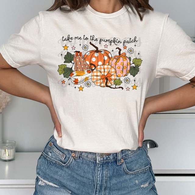 Take Me To The Pumpkin Patch Patterned Pumpkins DTF Heat Transfer, a colorful design featuring various pumpkins with orange, pink, and plaid patterns, surrounded by leaves, flowers, and stars.