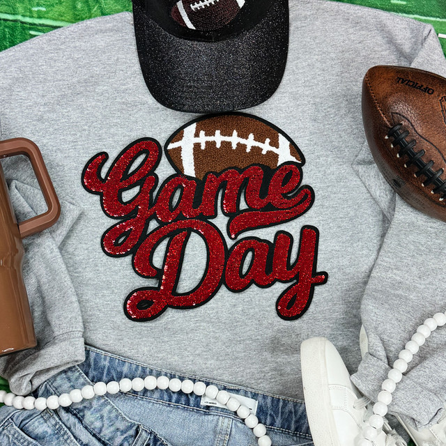 Red Sequin Football Game Day Patch, embellished with a football design and the words 'Game Day' in red sequins.