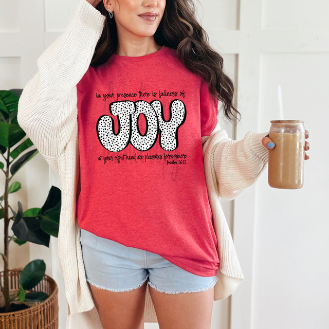 In Your Presence There Is Fullness of Joy DTF Heat Transfer, woman wearing a red shirt with quote and holding iced coffee