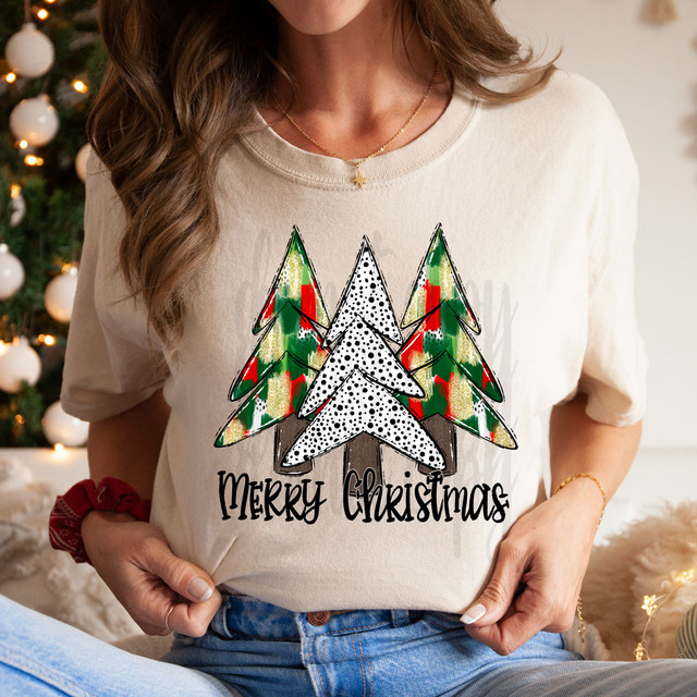 Merry Christmas Red/Green/Gold Dot Trees DTF Heat Transfer