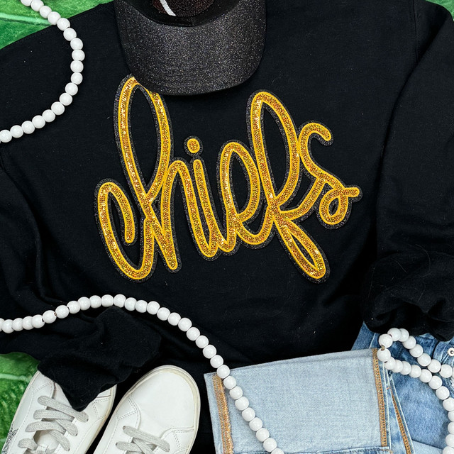 Chiefs Gold Sequin Patch, embroidered patch with the word 'Chiefs' in gold sequins on a black fabric background.