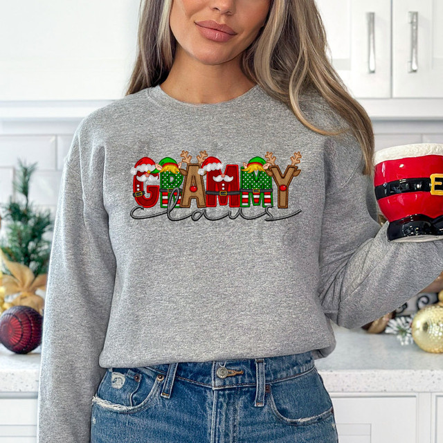 Grammy Claus Faux Embroidery DTF Heat Transfer, Christmas themed sweatshirt with festive holiday elements and lettering.