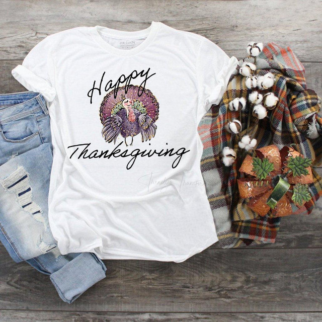 Happy Thanksgiving Pretty Turkey Glitter Sublimation Transfer, featuring a festive turkey design on a white T-shirt with glitter accents.