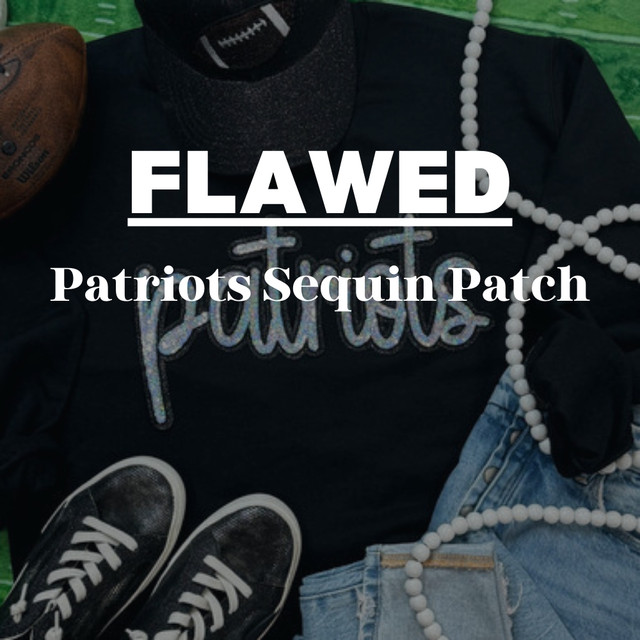 FLAWED Patriots Sequin Patch, image showing a black sweatshirt with the word 'Patriots' in sequins, surrounded by football-themed accessories and white bead necklaces.