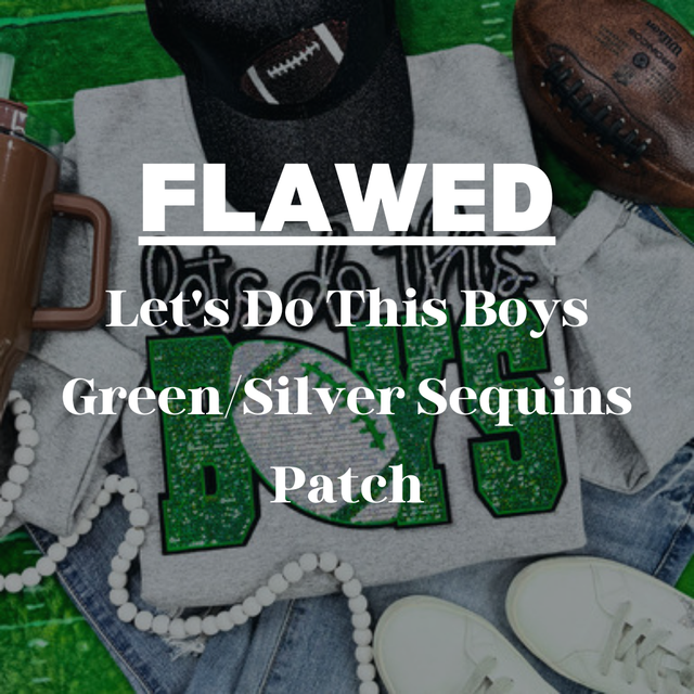 FLAWED Let's Do This Boys Green/Silver Sequins Patch, image showing a close-up of a patch with green and silver sequins on a casual sporty outfit background.