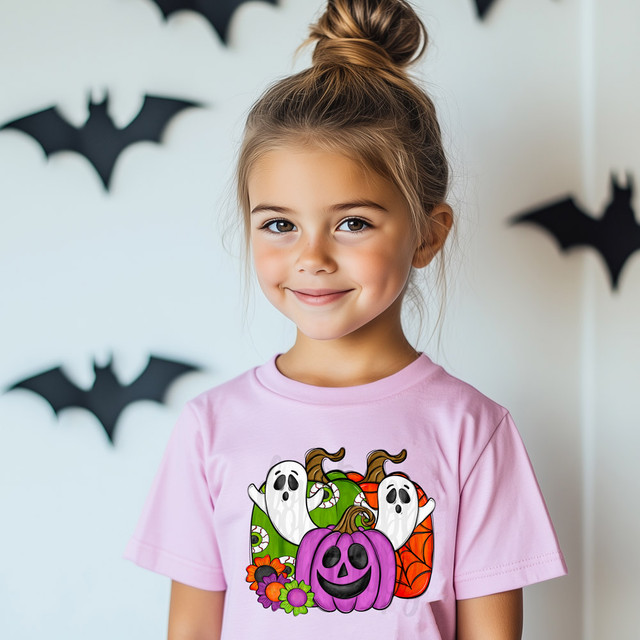 Retro Flower Ghost Pumpkins DTF Heat Transfer, Halloween-themed graphic featuring cute ghost and pumpkin designs on a girl's pink t-shirt.