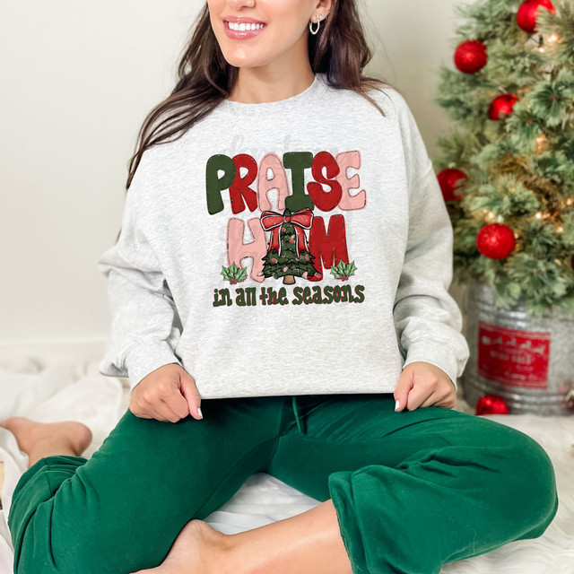 Praise Him In All Seasons Red/Green DTF Heat Transfer, Christmas-themed design on a woman's sweatshirt with holiday decorations in the background.