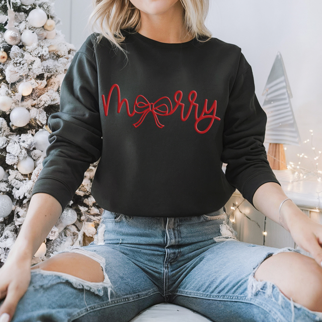 Merry Bow Red PUFF Screen Print Heat Transfer, red christmas bow graphic on black sweatshirt.
