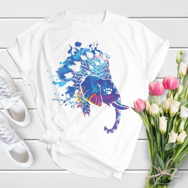 BOHO watercolor elephant Sublimation Transfer, white t-shirt with a vibrant watercolor-style elephant design featuring feathers and artistic splashes.