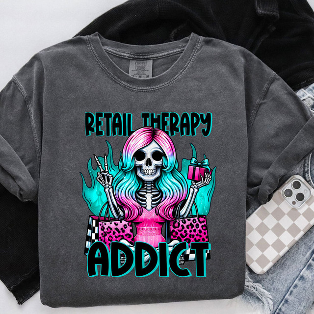 Retail Therapy Addict DTF Heat Transfer, graphic design of a skeleton woman with colorful hair holding shopping bags and a gift, vibrant and trendy style.