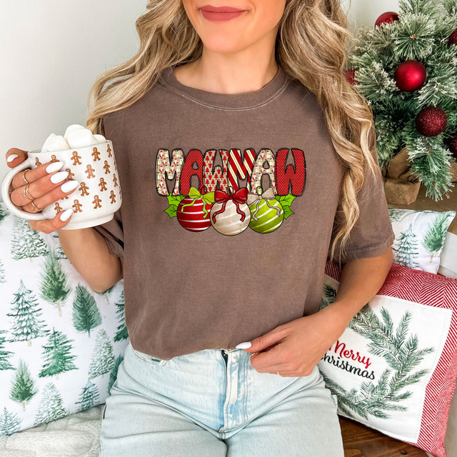 Mawmaw Christmas Bells DTF Heat Transfer, festive holiday design on a women's t-shirt with Christmas ornaments and holiday graphics.