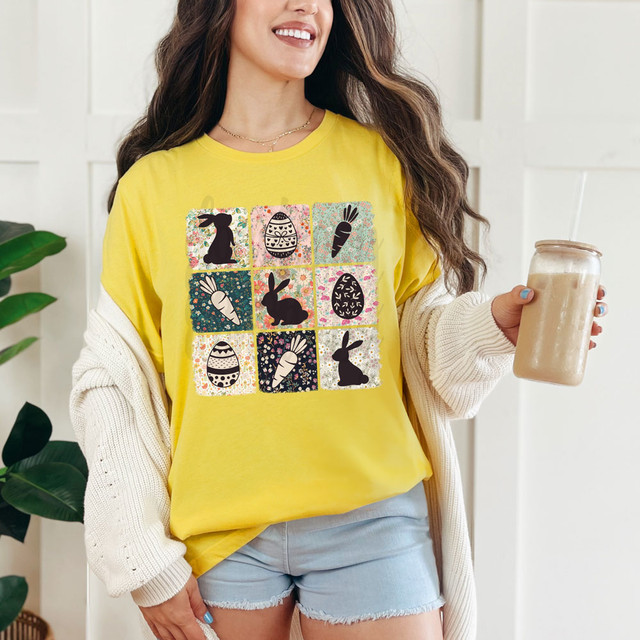 Floral Easter DTF Heat Transfer, vibrant and colorful Easter-themed bunny and egg design printed on a yellow T-shirt for holiday craft projects.