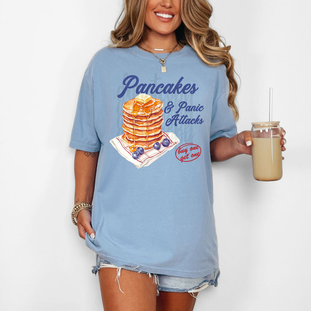 Pancakes & Panic Attacks DTF Heat Transfer, T-shirt with a stack of pancakes and blueberries design.