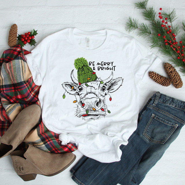 Merry and Bright Christmas cow Sublimation Transfer Merry and Bright Christmas cow Sublimation Transfer