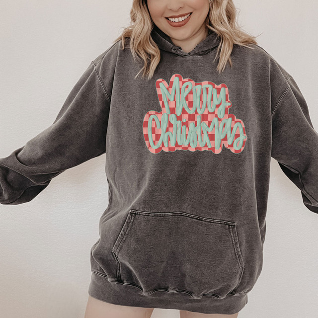 Merry Christmas Checkered DTF Heat Transfer, Christmas-themed checkered design with the text Merry Christmas on a dark grey hoodie.