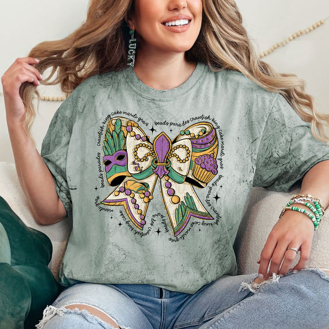 Mardi Gras Themed Bow DTF Heat Transfer, colorful and festive design featuring a decorative bow with Mardi Gras elements and beads.